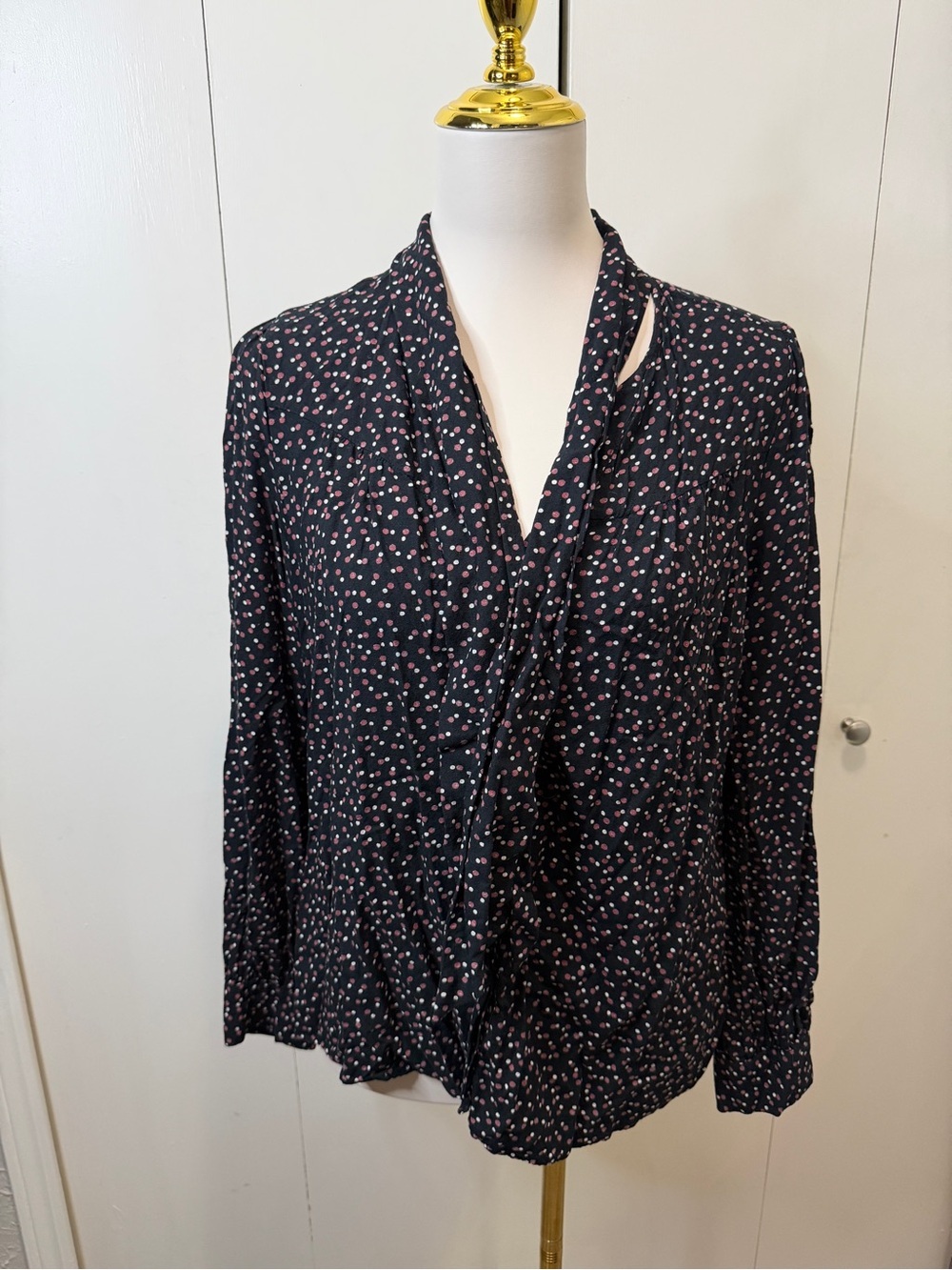 PAIGE Black Blouse with Pink Dot Print and Draped Tie Neck - Picture 3 of 9